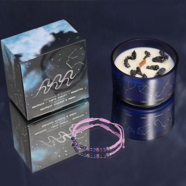 Zodiakalna świeca Wodnik z bransoletką – zapach Amethyst Crystal & Amber, ametyst, lapis lazuli, hematyt.